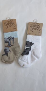 Wild Habitat Kids Crew Socks in Beige and White with Elephant & Koala